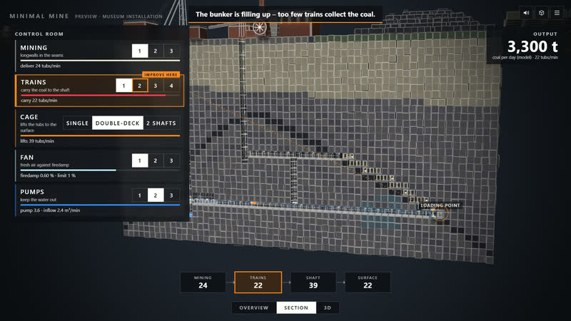 Minimal Mine 0.5: control room after the double-deck cage – now trains are short.