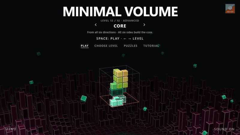 Minimal Volume: the start screen with title and level choice.