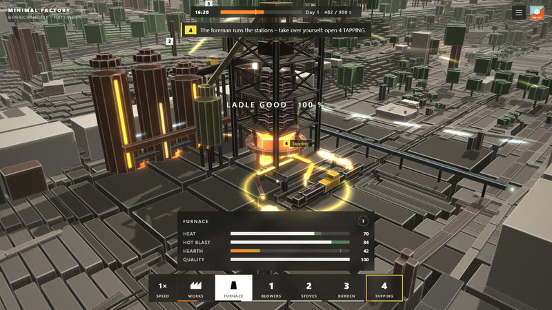 Minimal Factory: the blast furnace – heat, hot blast, hearth, quality.