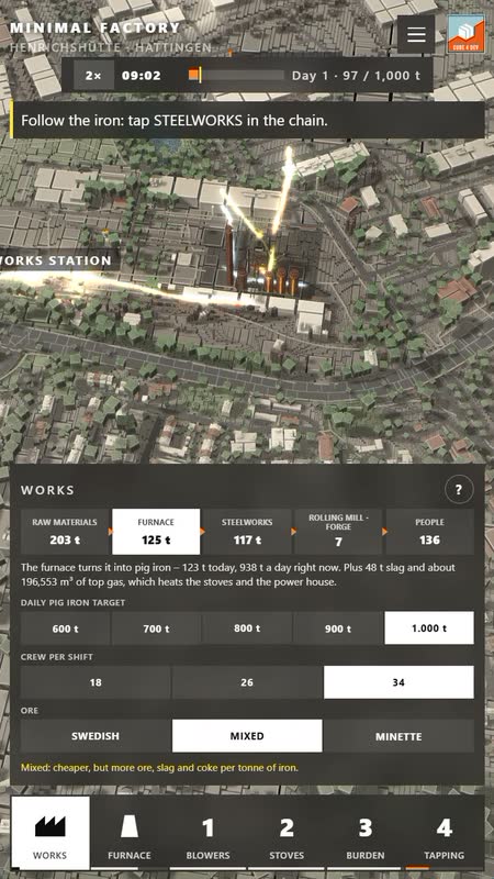 Minimal Factory: on a phone – the WORKS panel.