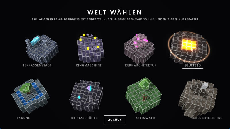 Minimal Dungeon: Choose a world – the eight worlds as dioramas.