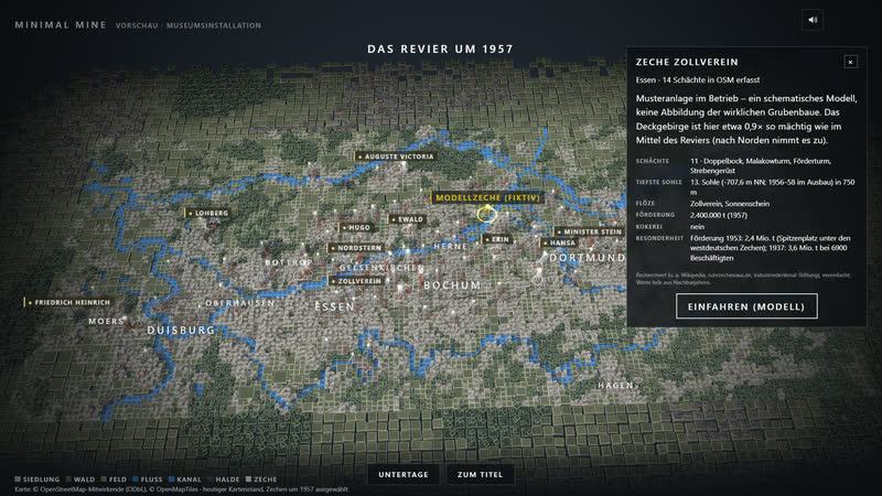 Minimal Mine 0.5: colliery card Zollverein – shafts, deepest level, seams, output 1957 (German interface). Map © OpenStreetMap contributors (ODbL), © OpenMapTiles.