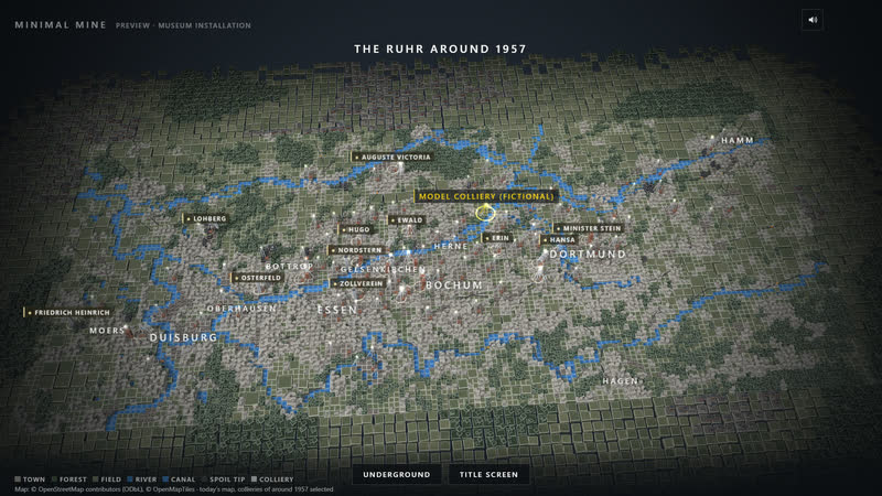 Minimal Mine 0.5: the Ruhr around 1957 with the researched collieries. Map © OpenStreetMap contributors (ODbL), © OpenMapTiles.